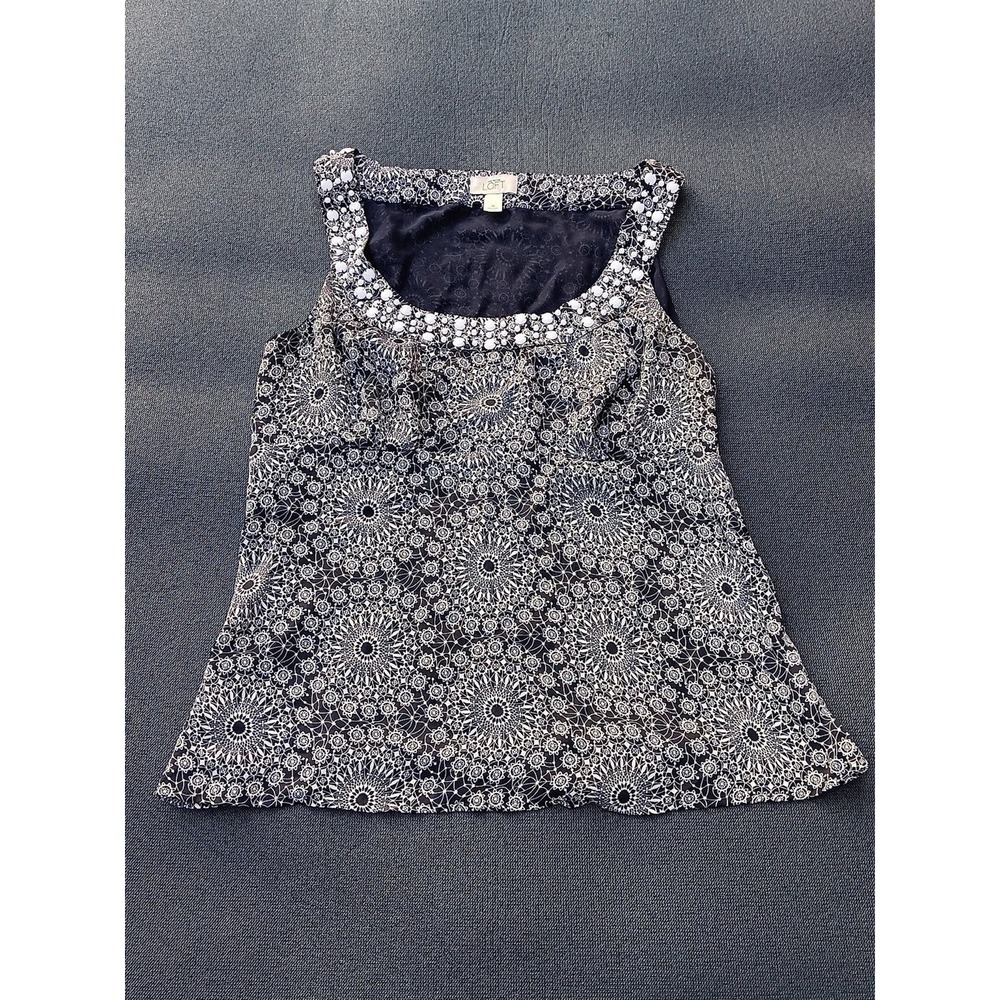 Ann Taylor LOFT Women's Navy Blue White Medallion Beaded Tank Top Size 14 - Picture 2 of 8